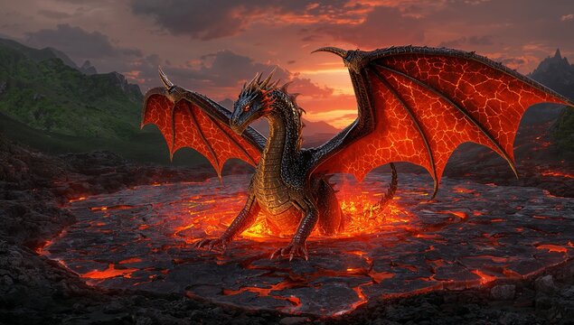 Rising black-scaled dragon spreading fiery wings over cracked volcanic rock, with molten lava pool - Powered by Adobe