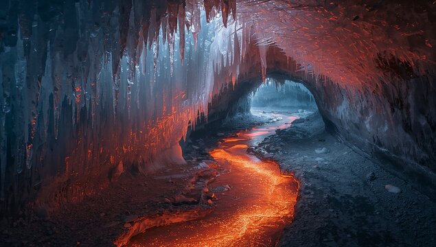 Winding molten lava river flowing inside ice cave, illuminating ice stalactites and arched opening