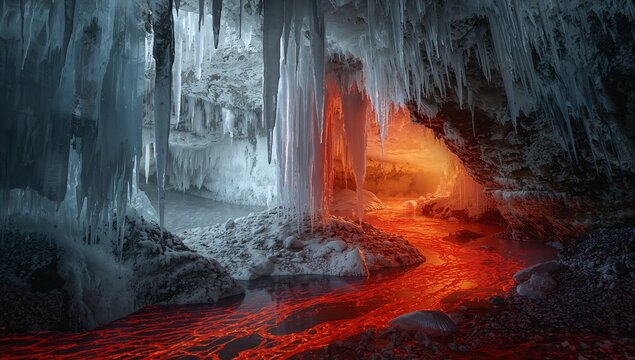 Glowing lava stream winding through ice cavern floor, with cascading icicles and rocky outcroppings - Powered by Adobe