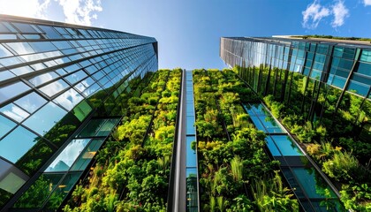 Low-angle shot of buildings, one with a vertical garden, reflecting sky and clouds. Sunny day, vivid green plants, glass facades. A blend of nature and city