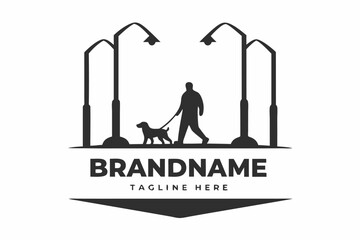Walking Dog Silhouette, Vector, Urban with Lampposts, White Background