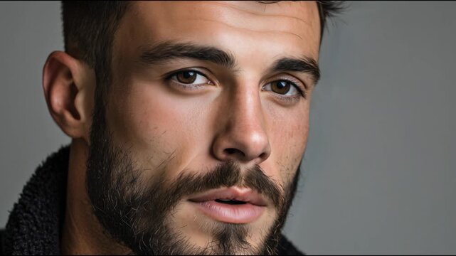 Portrait of a bearded man on a gray background looking at the camera.