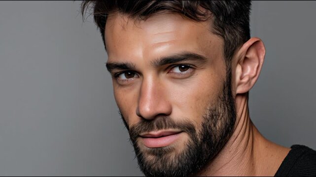 Portrait of a bearded man on a gray background looking at the camera.