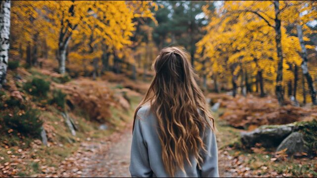 Young woman walking in the autumn forest