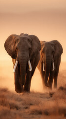Obraz premium Gentle Giants Stroll: Two majestic elephants, with magnificent ivory tusks, gracefully traverse an open grassland, bathed in the warm embrace of the golden hour, symbolizing nature's grandeur.