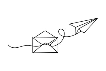 Continuous One Line Drawing of an Envelope and Paper Plane | Minimalist Vector Art of Communication.