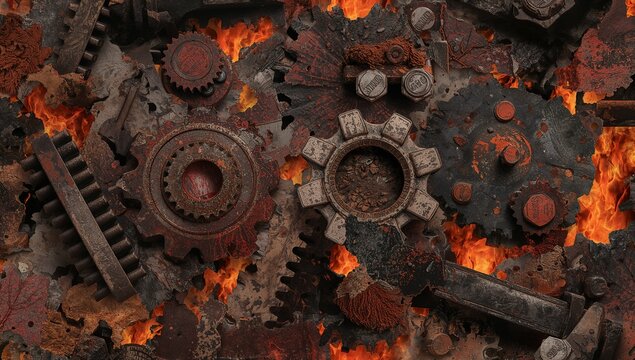 Melting rusted gears charring cogs at industrial furnace, glowing flames engulfing scattered bolts - Powered by Adobe