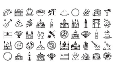 Spain Icons Set Flamenco, Guitar, Paella, Flag & Wine