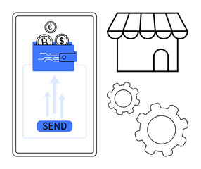 Coins entering a mobile wallet with Send button, arrows indicating transfer, shop illustration, and gears. Ideal for fintech, e-commerce, payment systems, cryptocurrency, banking automation simple