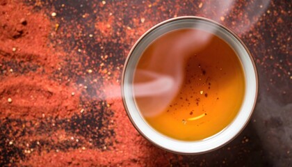 Overhead shot of a bowl of steaming liquid, with red powder scattered on a dark surface, suggesting spice and warmth