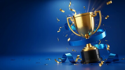 Golden trophy with blue ribbon and confetti falling against a dark blue background with spotlight illumination