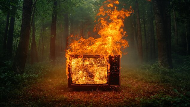 Burning vintage CRT television set sending orange flames across mossy forest clearing, with mist