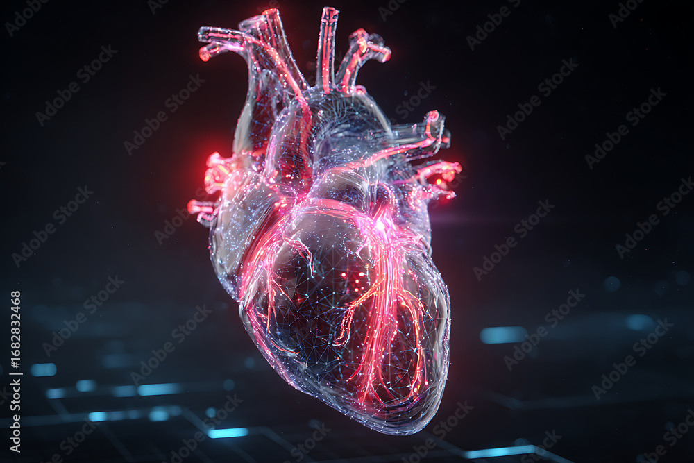 Poster 3d digital model of a human heart semi transparent with glowing network visualization representing f