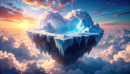 A surreal, floating island of ice and snow hangs suspended in a sea of clouds, illuminated by a vibrant sunset