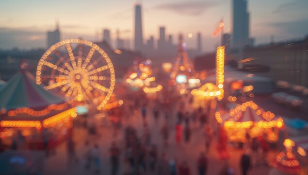 Shining Ferris wheel towering left, guiding crowd past carousel tent and food booths, copy space
