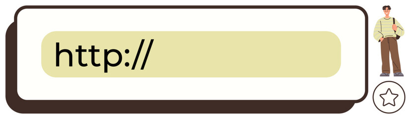 Search input bar with placeholder text http, accompanied by a character on the side and a star icon. Ideal for web navigation, internet browsing, user interface, search tools, online activity