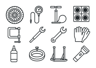 Fototapeta premium Motorcycle Tire Maintenance Icons. Outline icon set of motorcycle tire maintenance: motorcycle wheel, tire