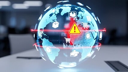 A digital globe shows a global network with a warning sign, representing cybersecurity threats, supply chain risks, and potential global crises - Powered by Adobe