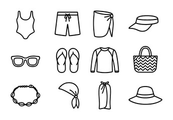 Summer Fashion Icons. Outline icon set of summer seaside fashion: swimsuit, board shorts, sarong, sun visor,