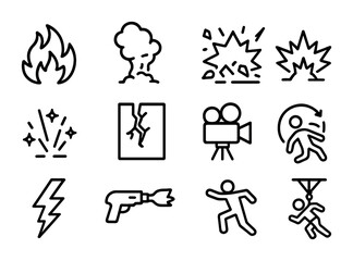 Movie Effects Icons. Outline icon set of special effects in movies: fire burst, smoke plume, debris flying,