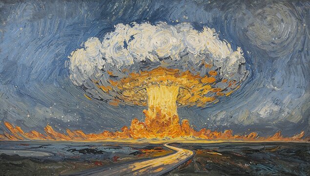 Painting depicting mushroom cloud explosion forming on desolate plain, with winding paved road