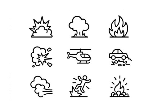 Cinematic Explosion Icons. Outline icon set of intense movie explosions: blast, smoke, fire, shrapnel,