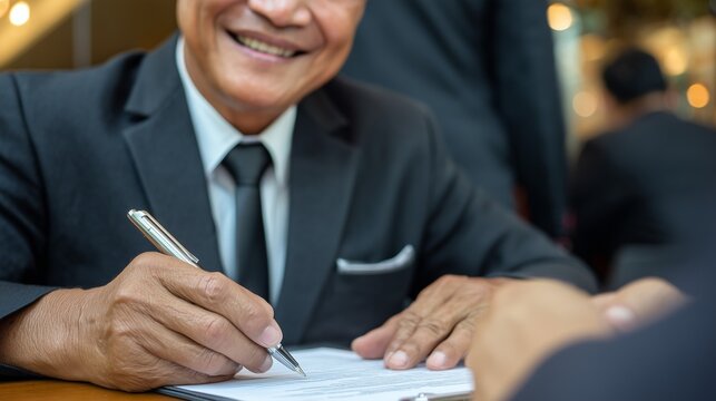 Smiling businessman signing contract in formal suit, successful deal agreement, corporate partnership, financial investment, business meeting concept - Powered by Adobe