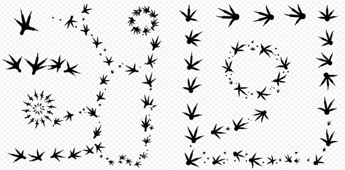 Collection of animal footprints and tracks in various patterns, including circles, spirals, and straight lines.