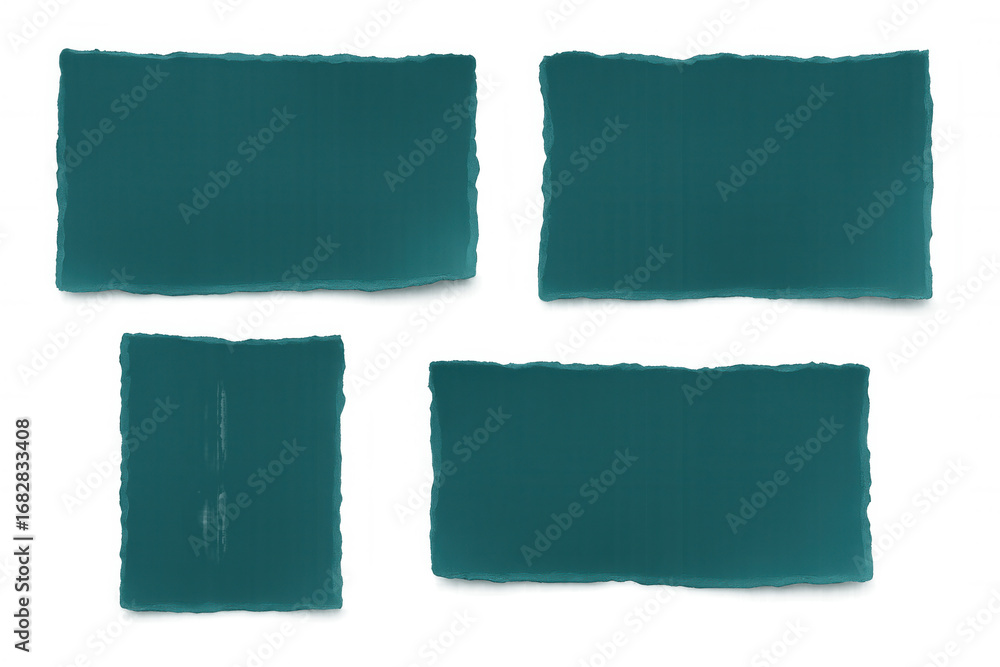 Poster teal paper fragments overlapping, torn edges creating textured layers against transparent backdrop, 