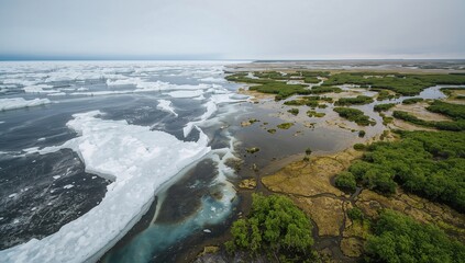 Revealing melting sea ice floe meeting flooded marsh channels from above, with green shrub islands