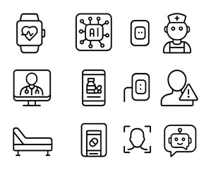 Automated Medical Icon Set. Outline icon set of automated medical monitoring: health tracker, AI analytics,
