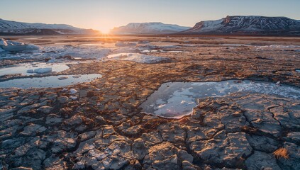 Featuring cracked frozen ground covering remote glacial plain, with water pools and ice fragments