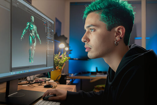 3D artist working on video game character art, using 3D modelling program on computer to create robotic humanoid.