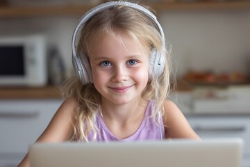 Smiling girl with headphones using laptop at home, child learning online with digital technology, education and e-learning concept