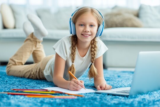 Smiling girl with headphones studying online at home, lying on carpet with laptop and notebook, creative child learning education technology concept, bright daylight interior