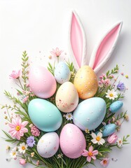 Pastel Easter eggs, flowers, and bunny ears arranged on a white background creating a festive, cheerful spring composition