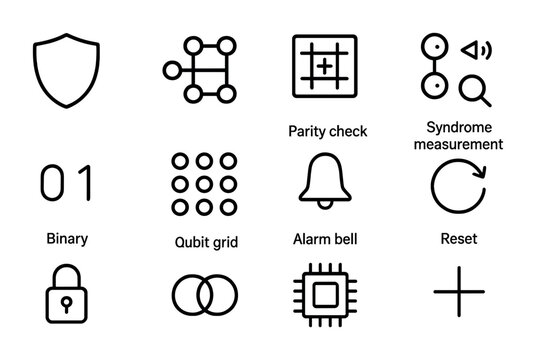 Quantum Error Icon Set. Outline icon set of quantum error correction: shield, stabilizer code, parity check,