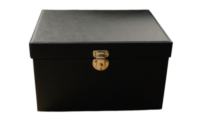 Elegant Black Storage Box with Brass Clasp on Wooden Surface