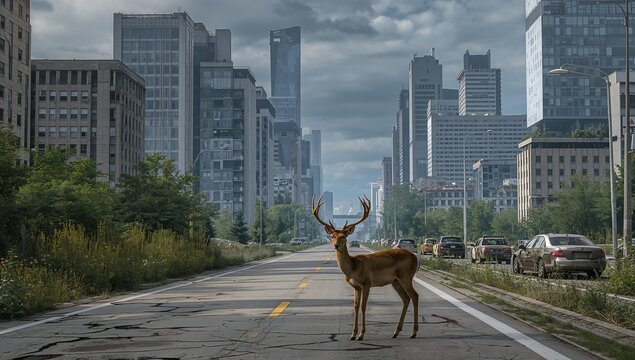 Standing stag deer surveying cracked urban road, with yellow lane markings, weeds, parked cars - Powered by Adobe