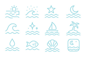 Obraz premium Glowing Ocean Icons. Outline icon set of glowing ocean waves: beach, plankton glow, star, moon, wave crest,