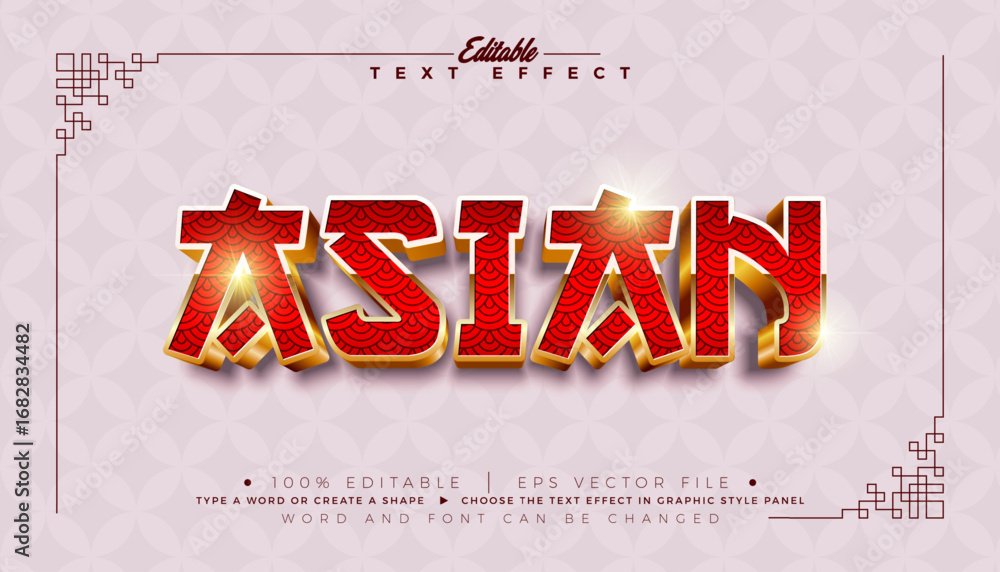 Poster asian 3d text effect design editable vector graphic style with shadow and red golden typography lett