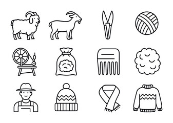 Goat Wool Icons. Outline icon set of goat wool and fiber: angora goat, cashmere goat, shears, yarn ball,