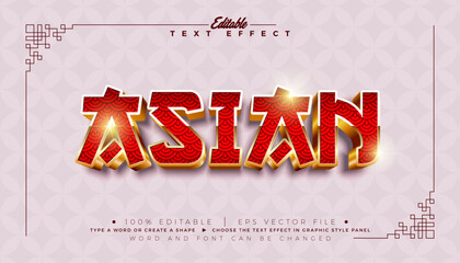 Asian 3D Text Effect Design Editable Vector Graphic Style with Shadow and Red Golden Typography Lettering on Abstract Traditional Pattern Background. Premium Scalable Illustration Mockup Template