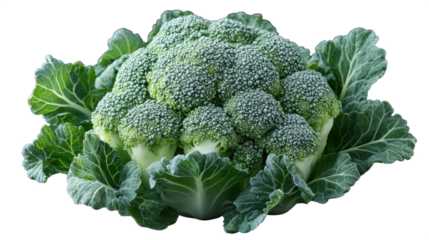 Fresh whole broccoli head with vibrant green florets and leaves presented with a solid black background and leaves isolated on transparent background png.