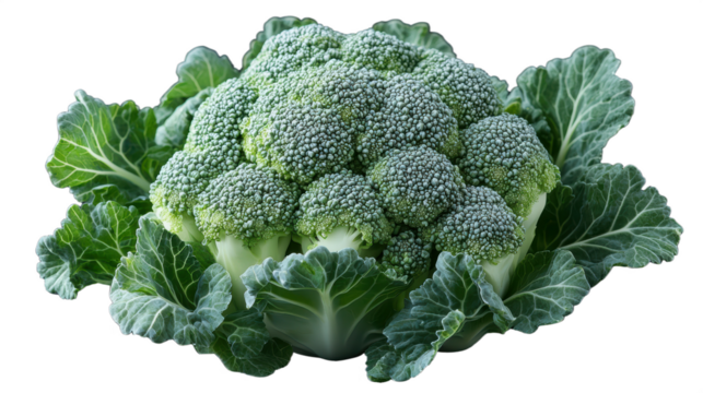 Fresh whole broccoli head with vibrant green florets and leaves presented with a solid black background and leaves isolated on transparent background png.
