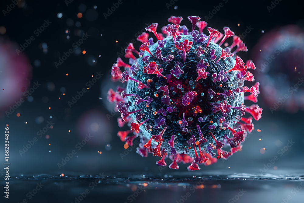Poster Photorealistic 3D rendering of a magnified virus particle closeup showing detailed outer structure representing pandemic disease and microbiology study