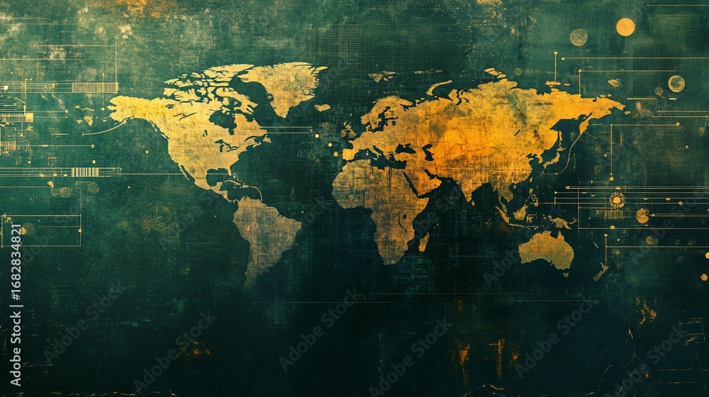 Poster abstract world map with tech elements for global connectivity concept