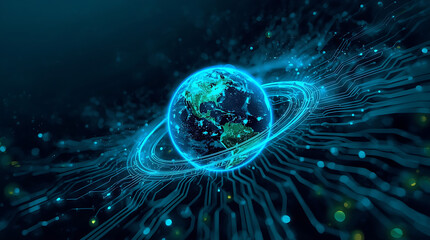 The futuristic digital planet Earth, connected to a glowing circuit board and electronic elements, is a high-tech background for data science design and global virtual communication.