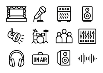 Fototapeta premium Live Recording Icons. Outline icon set of live recording: stage, microphone, guitar amp, PA system, spotlight,