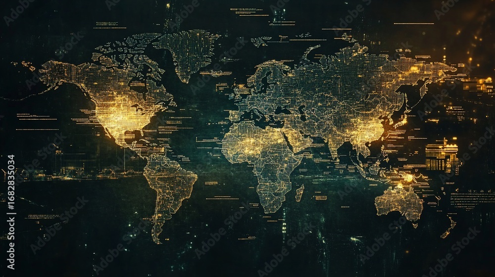 Poster digital world map: global connectivity and data network visualization
